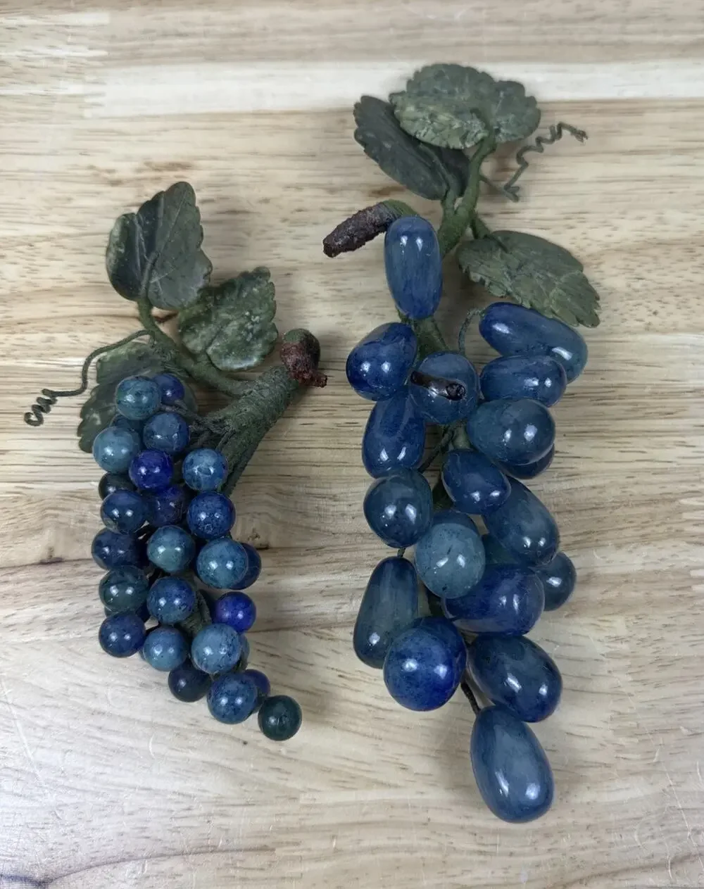 Vintage Set Of 2 Blue Agate Stone Grape Clusters With Jade Stone Leaves